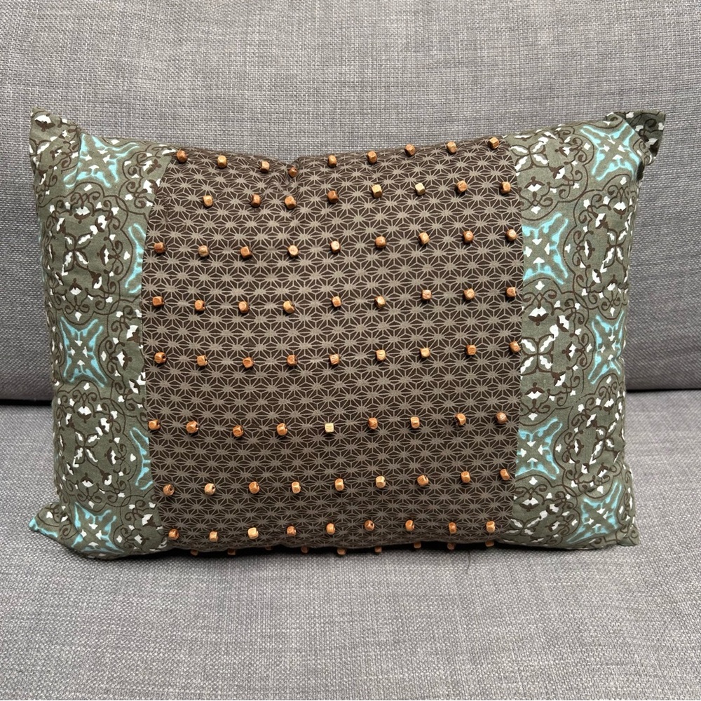 Decorative Embellished Lumbar Brown and Blue Pillow #0825252